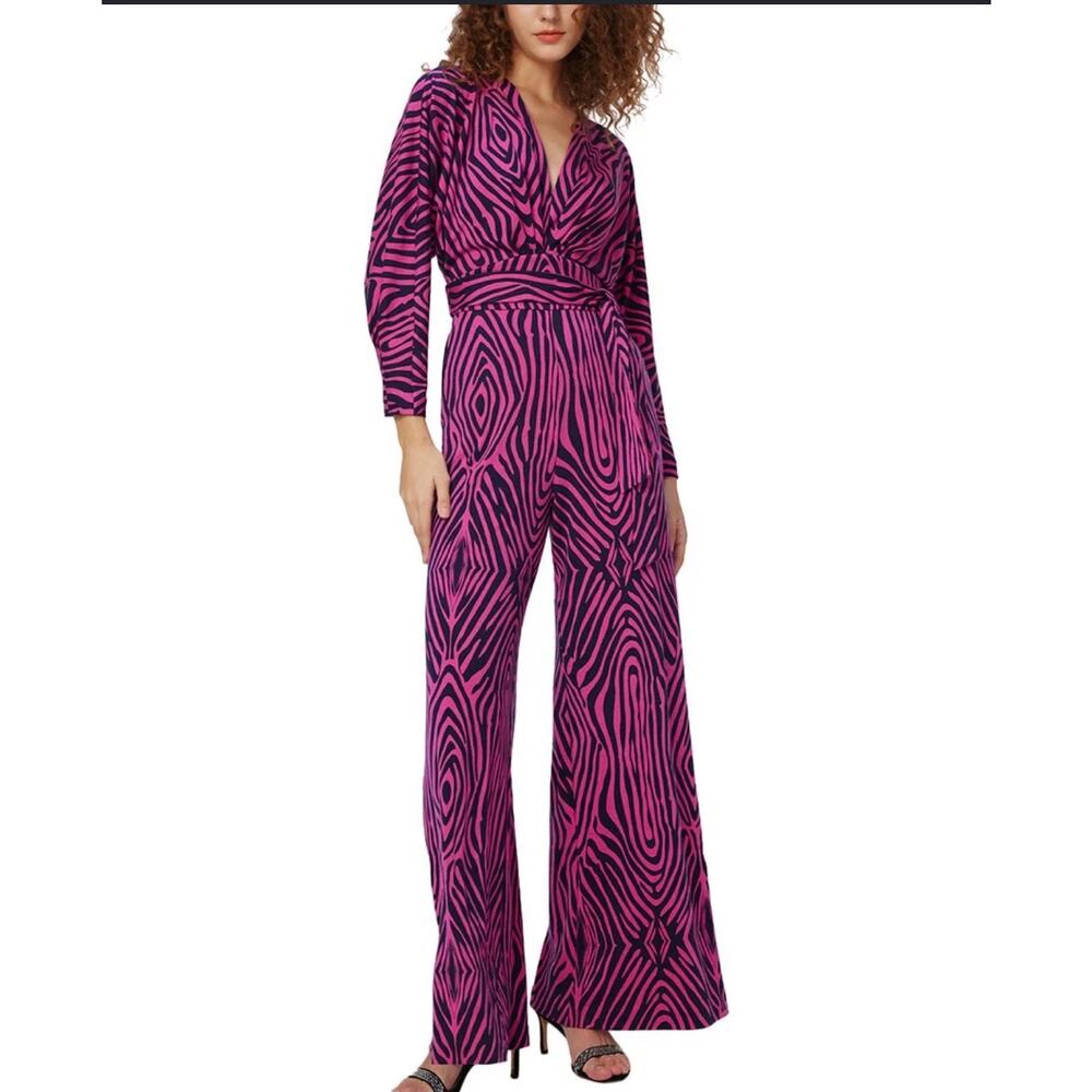 Diane Von Furstenberg Jumpsuit Women L Pink Zebra Excellent Fanny Wide Leg Wool